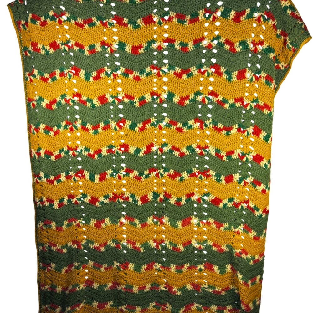 Vintage Handmade Crochet Afghan Throw Blanket Green Yellow Red Chevron 67x57